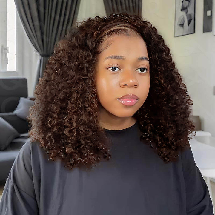 RhisoHair #4 Chocolate Brown Jerry Curly Feather Crochet Hair 100% Human Hair Machine Made Extensions