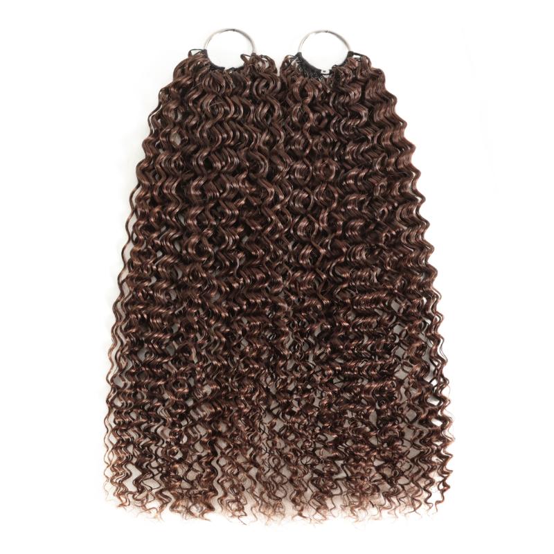 RhisoHair #4 Chocolate Brown Jerry Curly Honey Blonde Highlight Crochet Hair Machine Made Feather Human Hair Extension