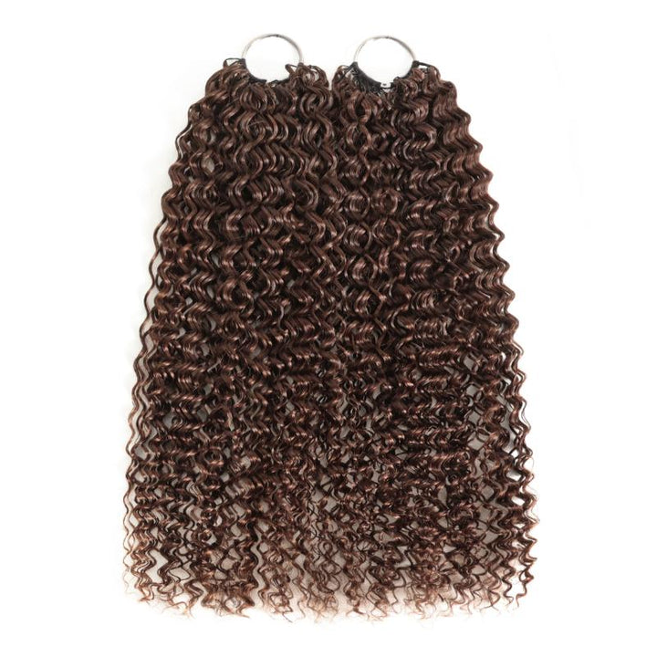 RhisoHair #4 Chocolate Brown Jerry Curly Honey Blonde Highlight Crochet Hair Machine Made Feather Human Hair Extension