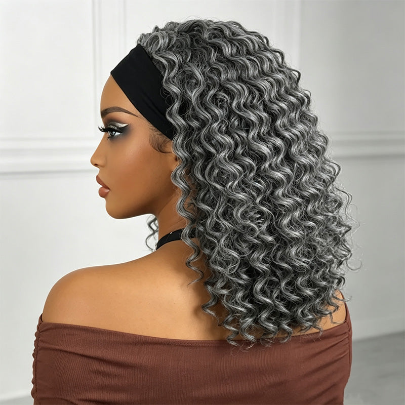 Dark Salt & Pepper Deep Wave Headband Human Hair Wig Silver Gray Glueless Wigs For Women