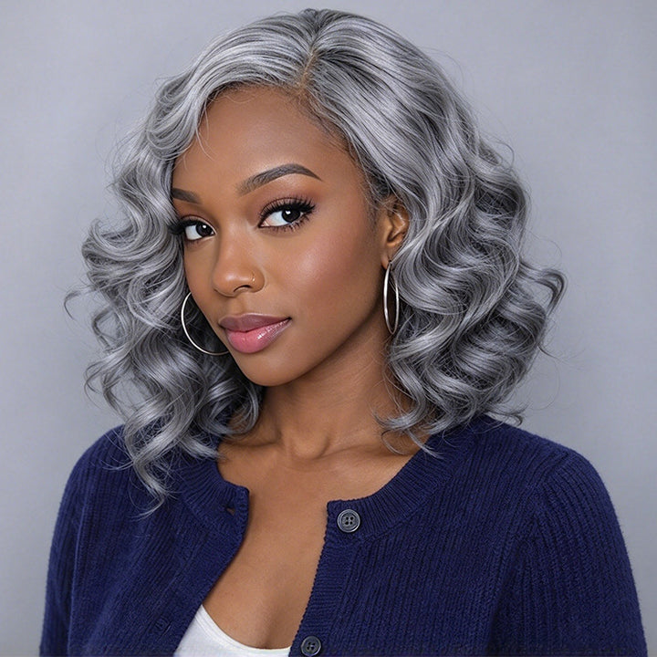 5x5 Closure Salt & Pepper Retro Waves Bob Wig Pre-Cut Steel Grey  Glueless Human Hair Wig For Black Women