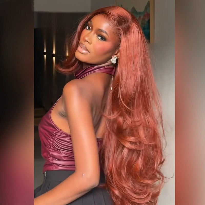 300% Density #33 Reddish Brown Body Wave Human Hair Wig 6x6 13x6 Transparent Lace Frontal Wig