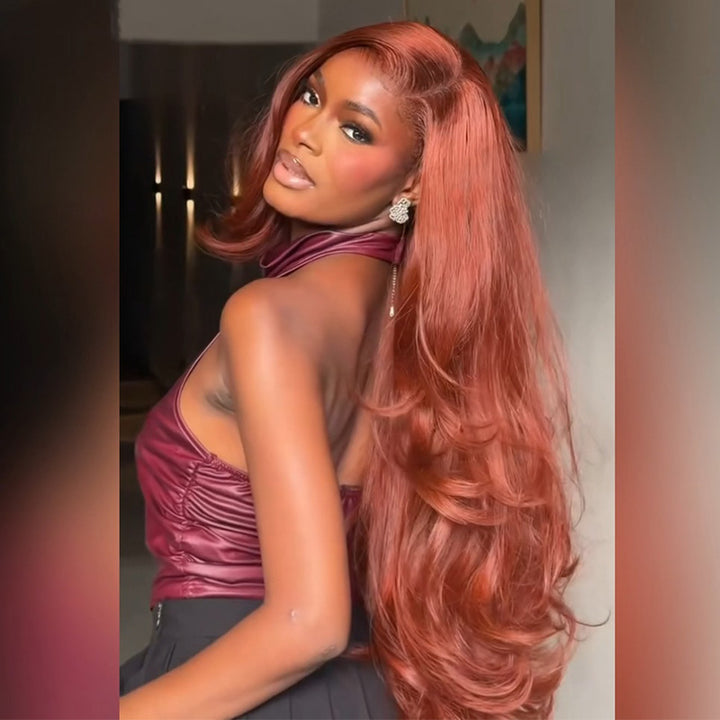300% Density #33 Reddish Brown Body Wave Human Hair Wig 6x6 13x6 Transparent Lace Frontal Wig