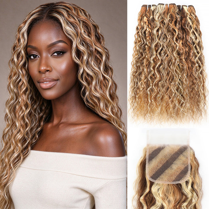 P4/27/613 Mix Blonde Highlight Super Wave Bundles with 5x5 Lace Closure Virgin Human Hair Extentions Double Weft Honey Blonde Weave for Women