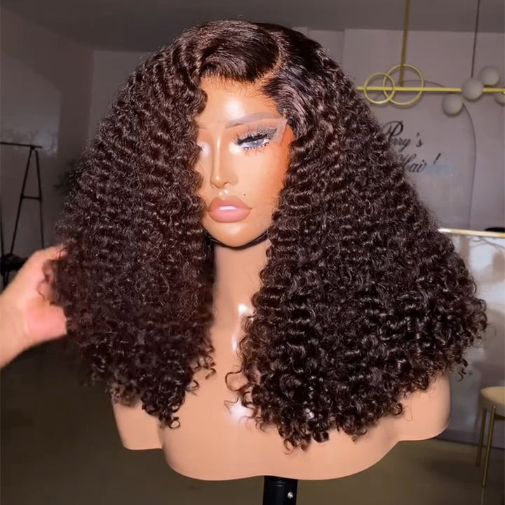 Natural Black/Dark Brown Deep Curly Human Hair Wig with C-Part 6x6/13x6 Transparent Lace Frontal Wig 300% Density