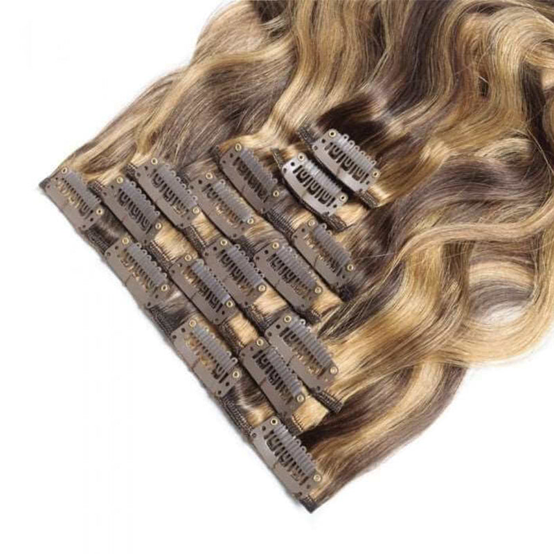 P4/27 Highlight Straight/Body Wave Seamless Clip In Human Hair Extensions For Black Women