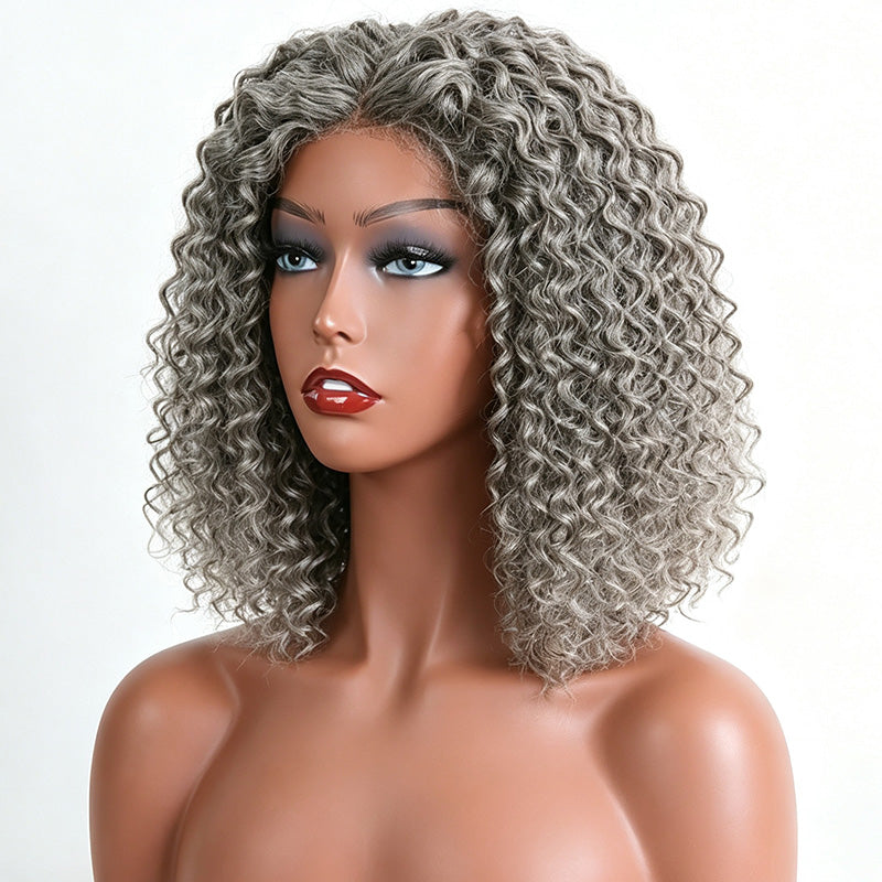 Standard Salt & Pepper Deep Curly Bob Wig 5x5 Glueless Gray Color Lace Closure Human Hair Wigs For Mature Women