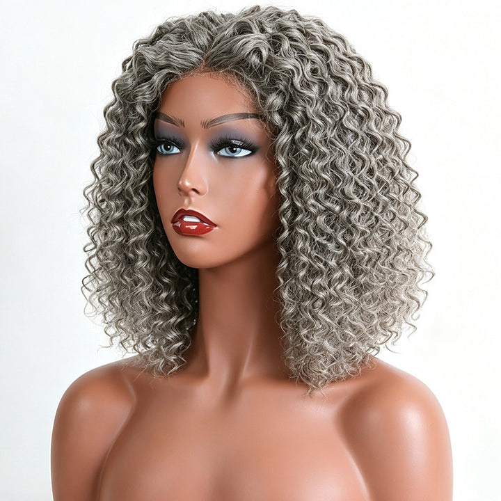 Standard Salt & Pepper Deep Curly Bob Wig 5x5 Glueless Gray Color Lace Closure Human Hair Wigs For Mature Women