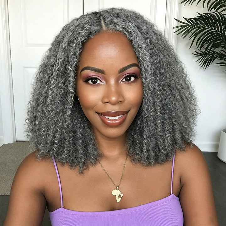 5x5 Closure Burmese Curly Salt & Pepper Free Parting Glueless Human Hair Wig Gray Color Pre-Cut Lace Bob Wig