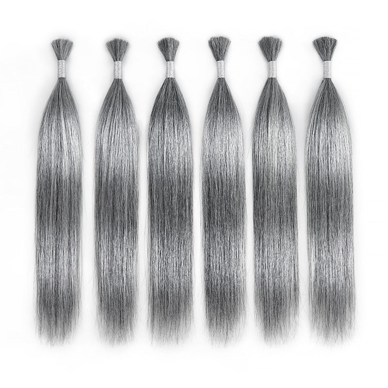 RHISO New In Salt & Pepper Gray Straight Bulk Human Hair for Boho Braids 100% Human Hair