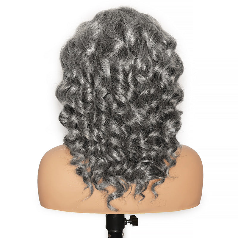 5x5 Salt & Pepper Loose Curly Human Hair Lace Closure Wig #51 Natural Gray Pre-Cut Glueless Bob Wig