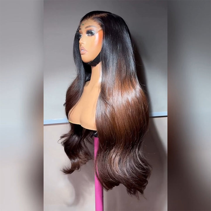 Dark Root to #4 Chocolate Brown Ombre Body Wave Human Hair Wig 6x6 13x6 Transparent Lace 300% Density