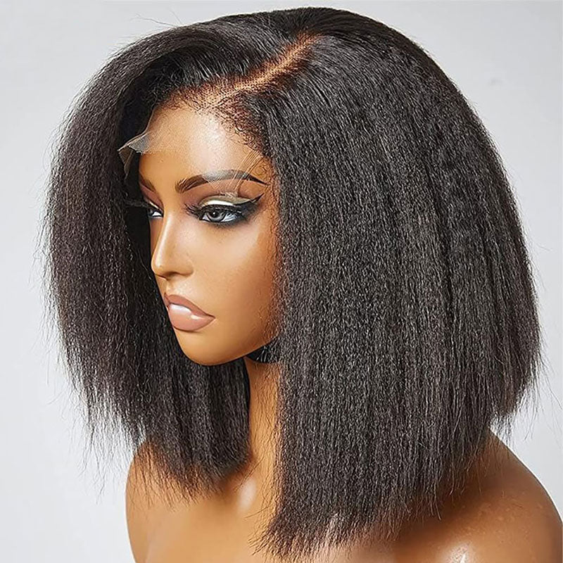 4x4 HD Lace Closure Kinky Straight Short Bob Wig Brazilian Virgin Human Hair Yaki Bob Wig