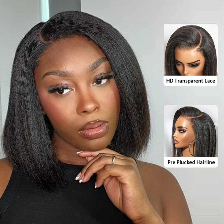 [Upgrade Strap] Pre Style C Part Kinky Straight Short Bob Pull To Go Wig Pre Cut 5x5 HD Lace Closure With Drawstring Pre-Everything Human Hair Yaki Bob Wig