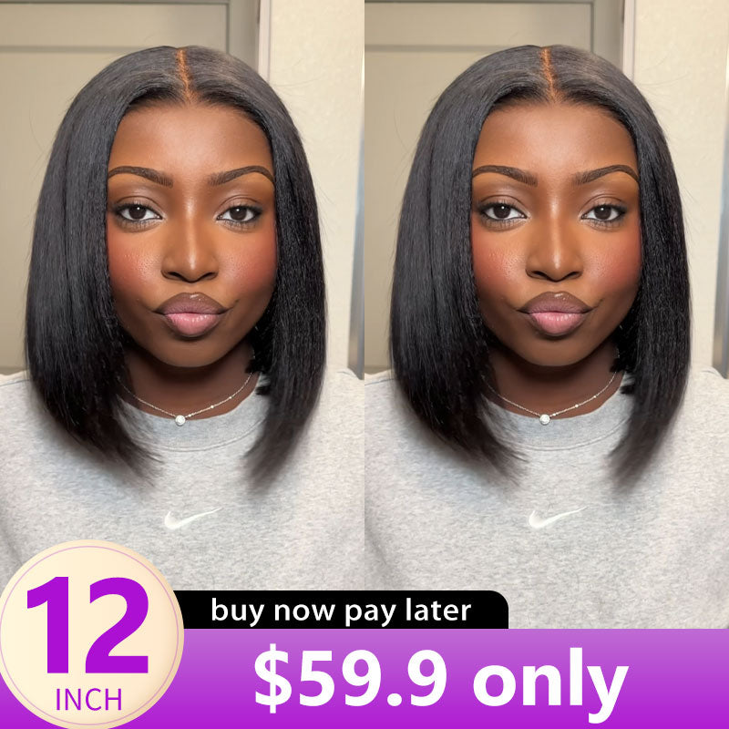 4x4 HD Lace Closure Kinky Straight Short Bob Wig Brazilian Virgin Human Hair Yaki Bob Wig