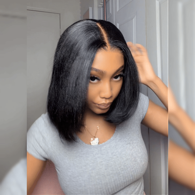 4x4 HD Lace Closure Kinky Straight Short Bob Wig Brazilian Virgin Human Hair Yaki Bob Wig
