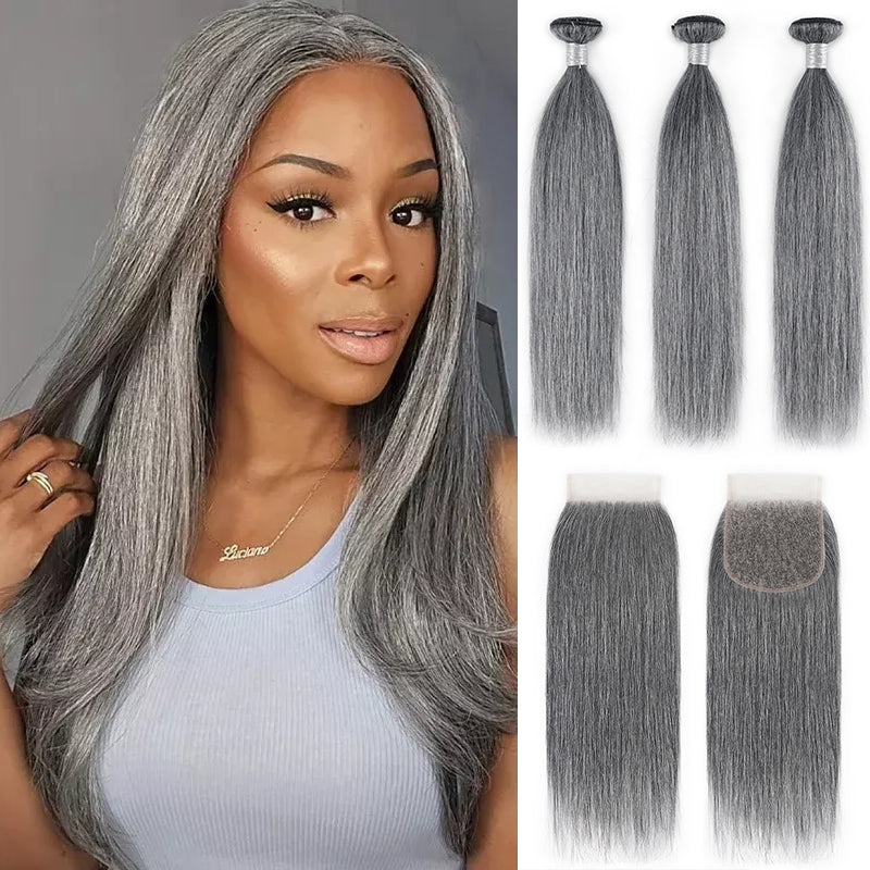 Light Salt and Pepper Straight Human Hair Bundles with 5x5 Lace Closure