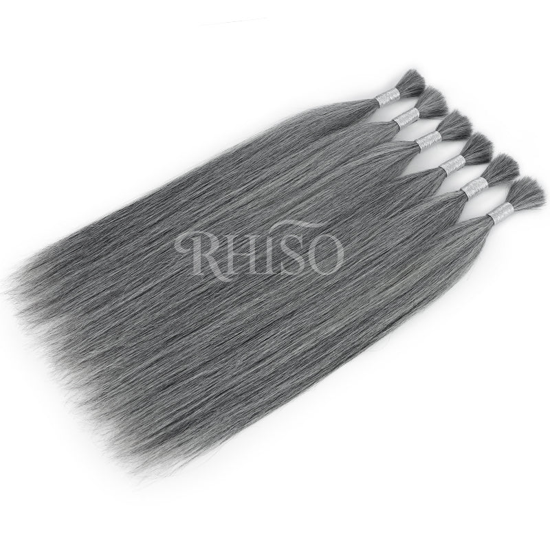 RHISO New In Light Salt & Pepper Gray Straight Bulk Human Hair for Boho Braids