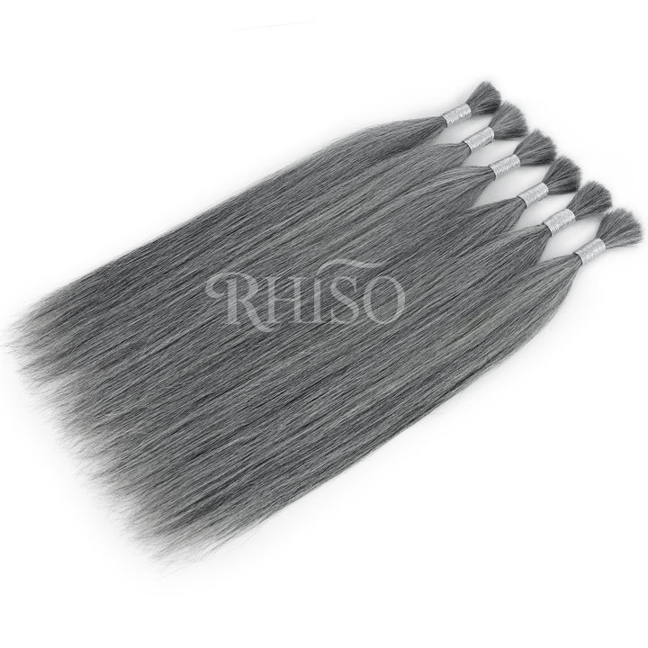 RHISO New In Light Salt & Pepper Gray Straight Bulk Human Hair for Boho Braids