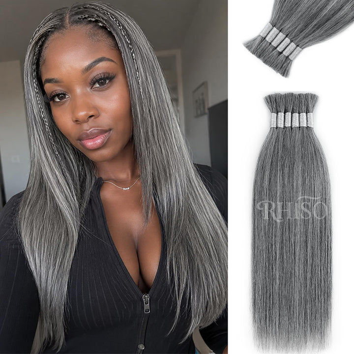 RHISO New In Light Salt & Pepper Gray Straight Bulk Human Hair for Boho Braids