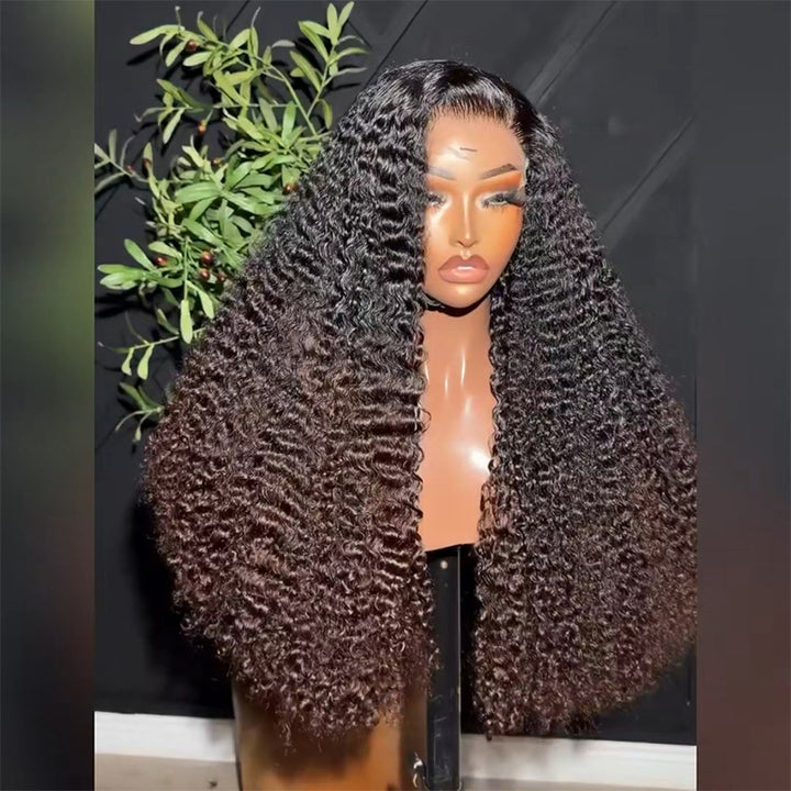 Black Roots Fade To #4 Dark Brown Ends Deep Curly Human Hair Wig 6x6 13x6 Transparent Lace 300% Density