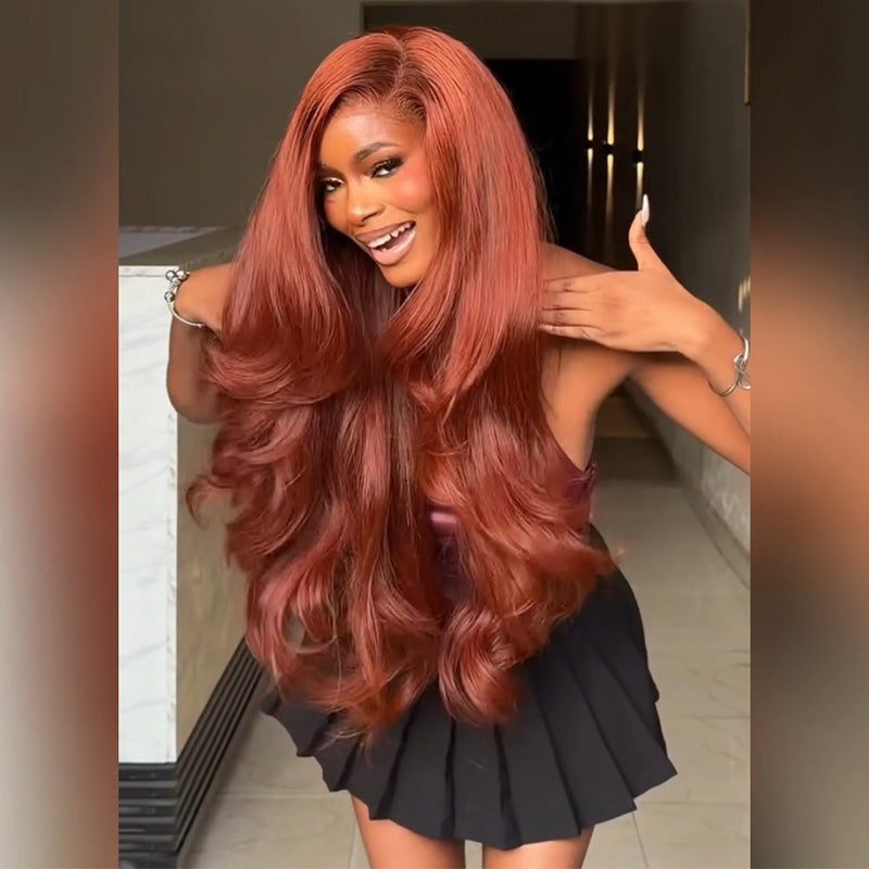 300% Density #33 Reddish Brown Body Wave Human Hair Wig 6x6 13x6 Transparent Lace Frontal Wig