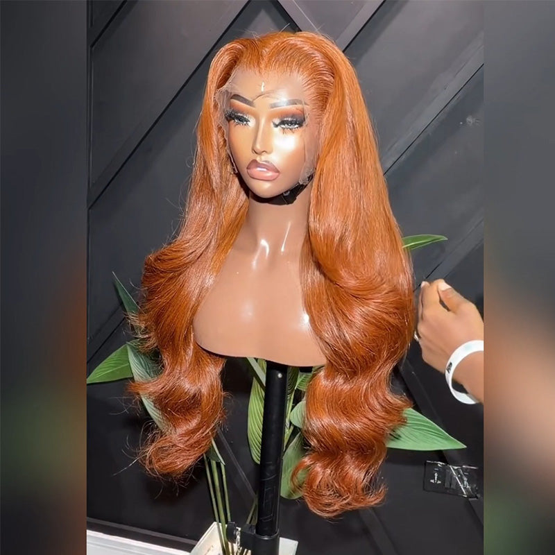 300% Density Ginger Orange Body Wave Human Hair Wig 6x6 13x6 Transparent Lace Frontal Wig