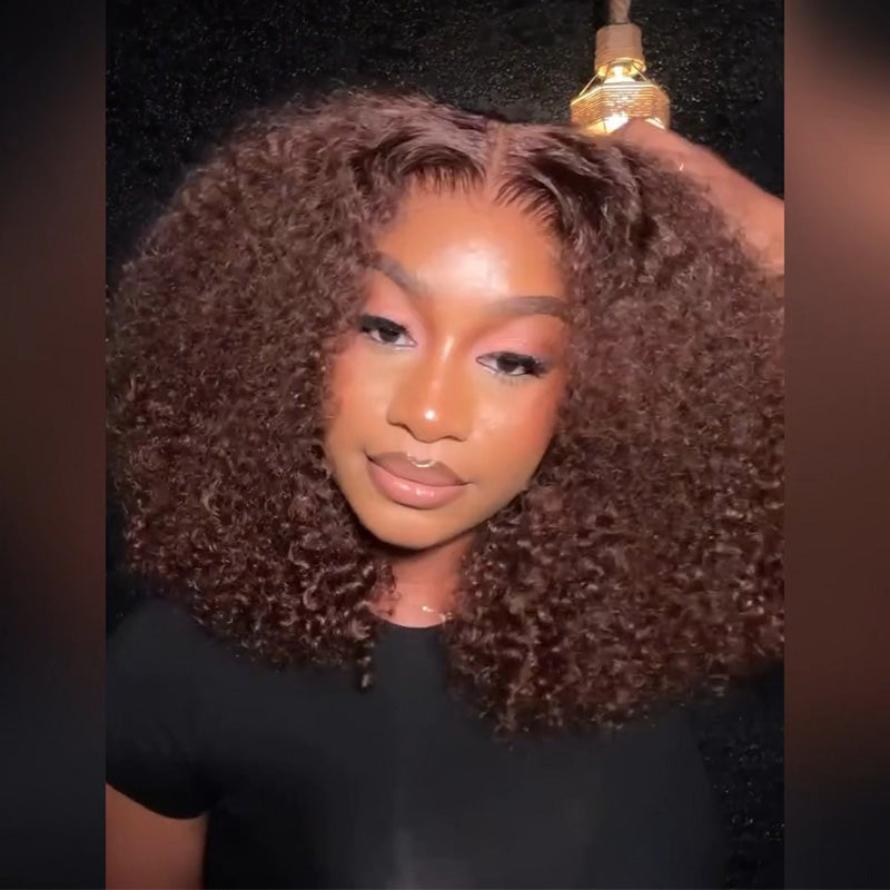 Pre-plucked #4 Chocolate Brown Kinky Curly Human Hair Bob Wig 5x5/13x4 Glueless Lace Frontal Wig 300 Density