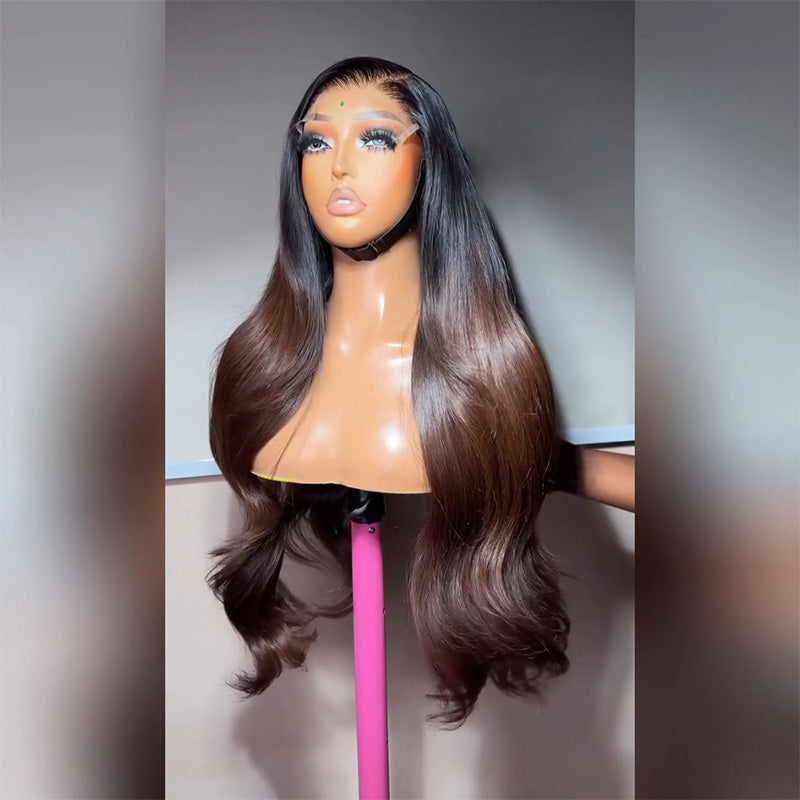 Dark Root to #4 Chocolate Brown Ombre Body Wave Human Hair Wig 6x6 13x6 Transparent Lace 300% Density