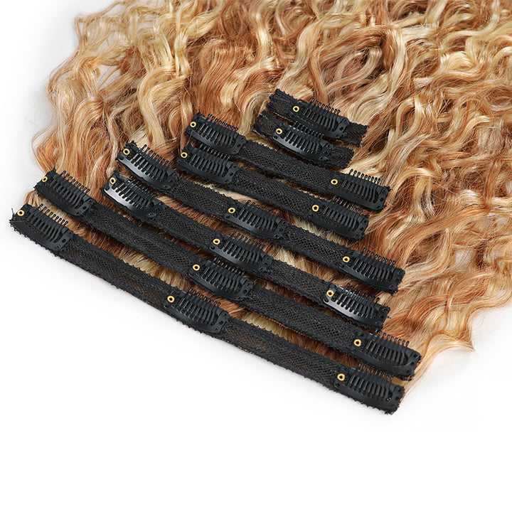 P27/613 Honey Blonde Highlight Super Wave Seamless Clip In Human Hair Extensions For Black Women