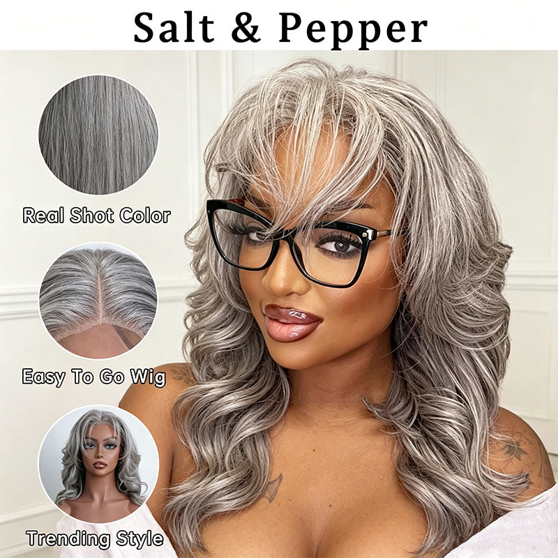 5x5 Salt And Pepper Glueless Layered Cut Body Wave Human Hair Wig Gray Color Pre-Cut Lace Bob Wig