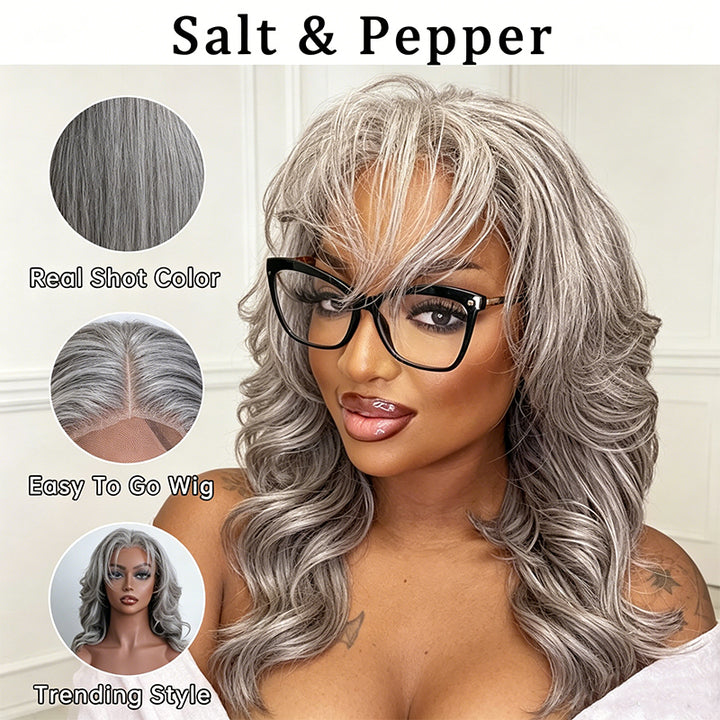 5x5 Salt And Pepper Glueless Layered Cut Body Wave Human Hair Wig Gray Color Pre-Cut Lace Bob Wig