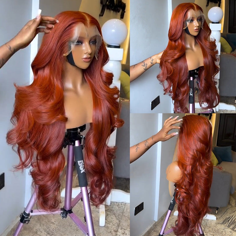 Copper Ginger Body Wave Human Hair Wig 6x6 13x6 Transparent Lace Frontal Wig 300% Density