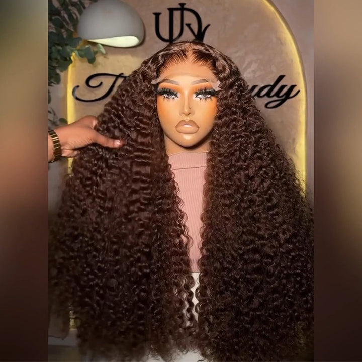 #4 Chocolate Brown Deep Curly Human Hair Wig with Middle Part 6x6/13x6 Transparent Lace Frontal Wig 300% Density