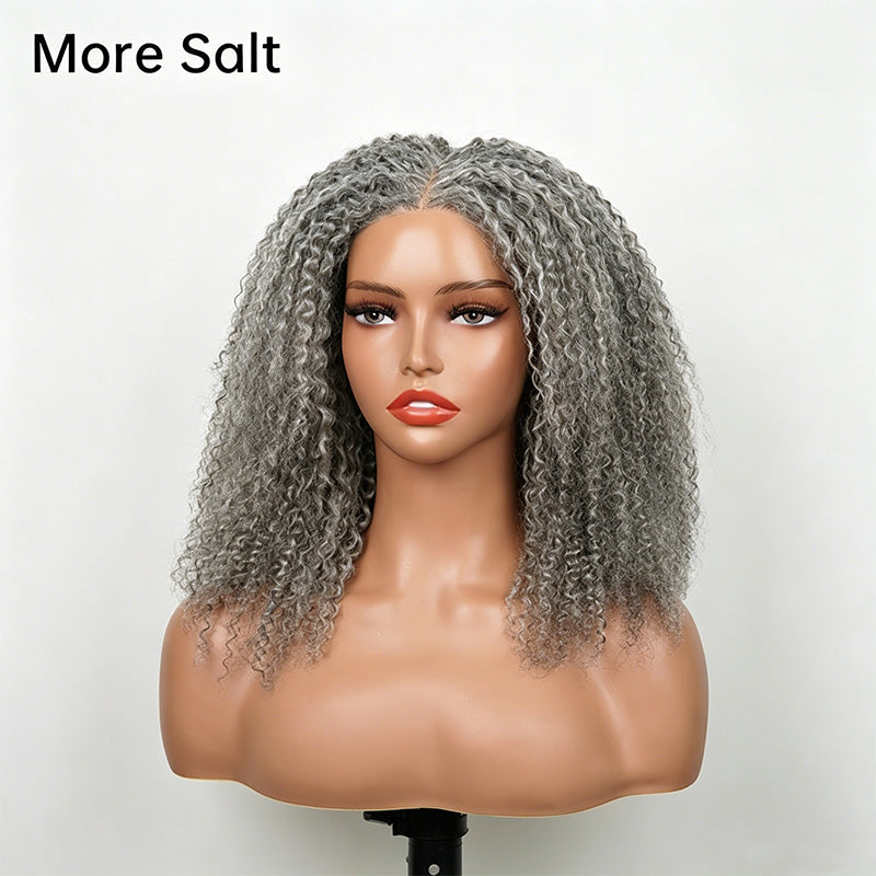 5x5 Closure Burmese Curly Salt & Pepper Free Parting Glueless Human Hair Wig Gray Color Pre-Cut Lace Bob Wig