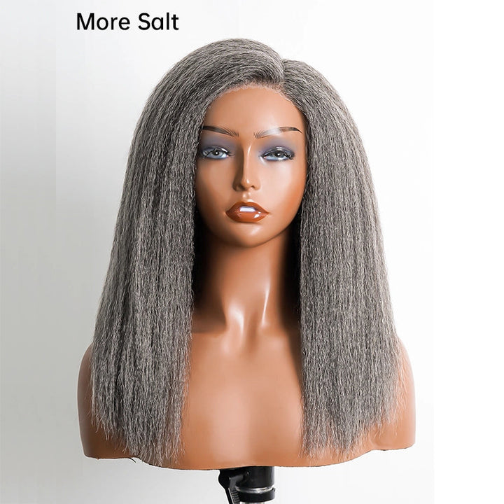 5x5 Closure Kinky Straight Salt & Pepper Free Parting Glueless Human Hair Wig Gray Color Pre-Cut Lace Bob Wig