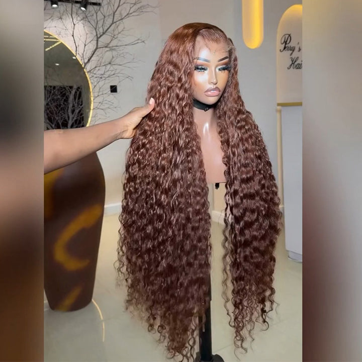 #30 Auburn Brown Deep Wave Human Hair Wig 6x6 13x6 Transparent Lace Frontal Wig 300% Density