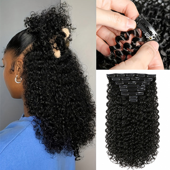 Jerry Curly Seamless Clip In Human Hair Extensions For Black Women 8 Pcs/pack Natural Volume & Looking