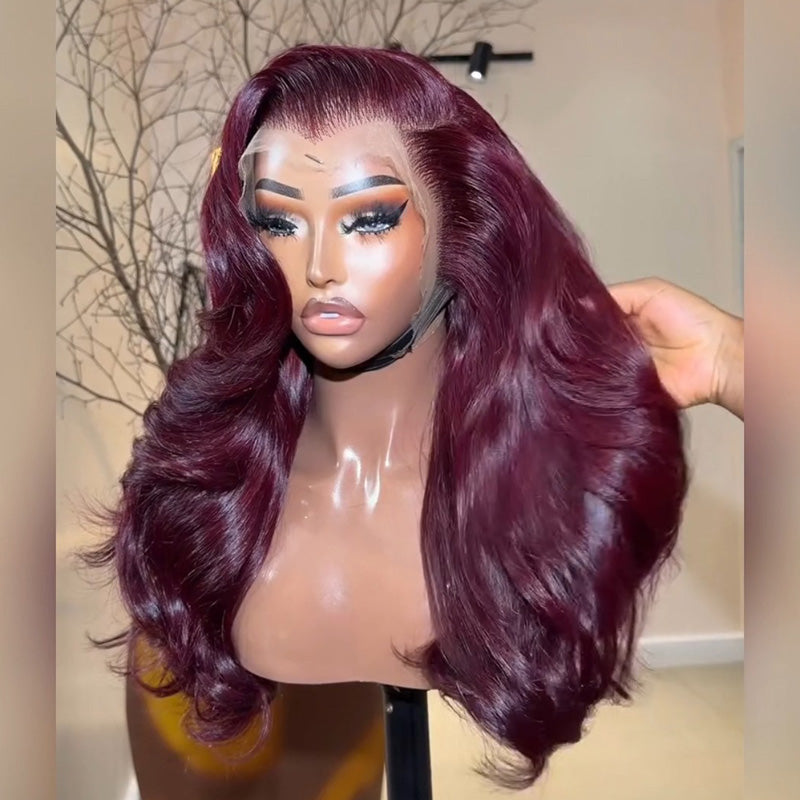 #99J Wine Red Body Wave Human Hair Wig 6x6/13x6 Transparent Lace Frontal Wig 300% Density