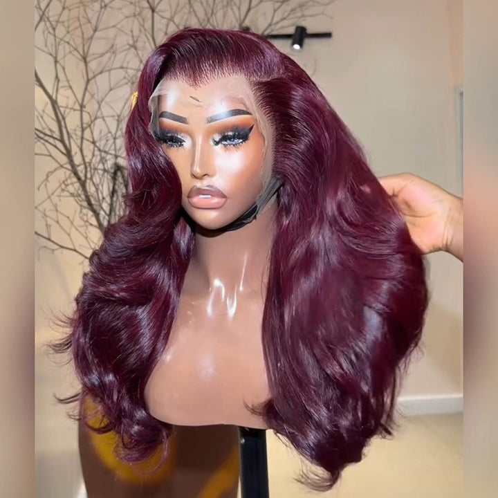 #99J Wine Red Body Wave Human Hair Wig 6x6/13x6 Transparent Lace Frontal Wig 300% Density