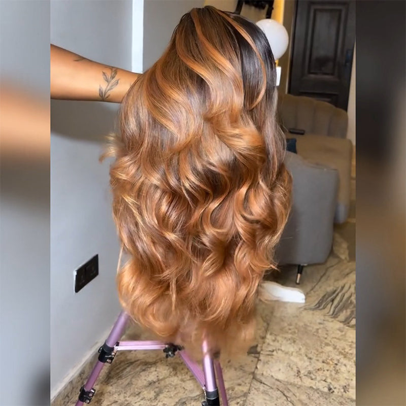 Dark Root Ombre Highlight Body Wave Human Hair Wig 6x6/13x6 Transparent Lace Frontal Wig 300% Density