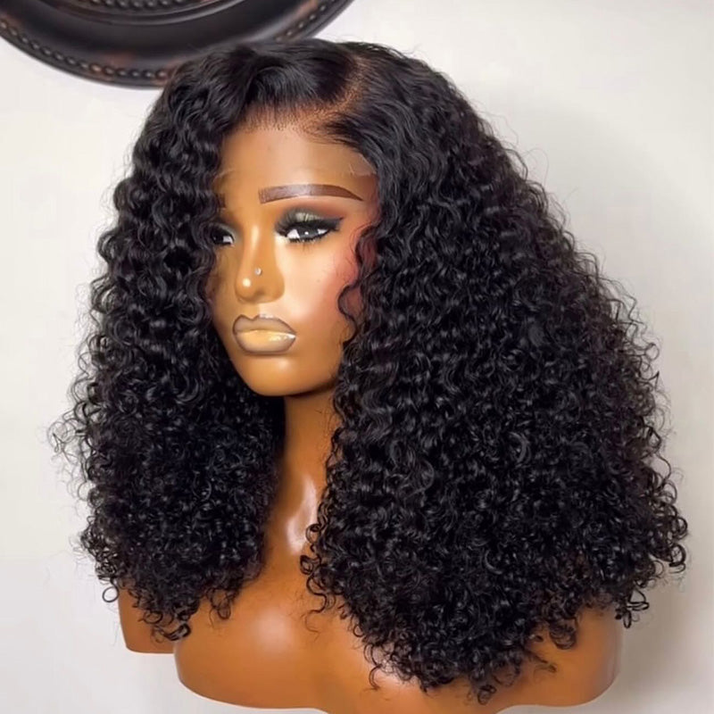 Natural Black/Dark Brown Deep Curly Human Hair Wig with C-Part 6x6/13x6 Transparent Lace Frontal Wig 300% Density