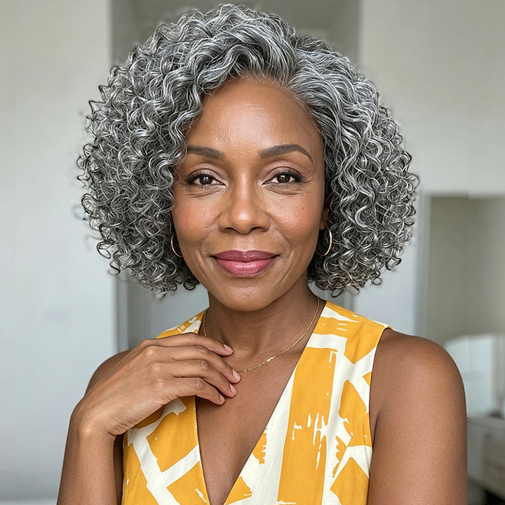Standard Salt & Pepper Short Jerry Curly Human Hair Wig 5x5 Glueless Gray Color Lace Closure Wigs For Mature Women