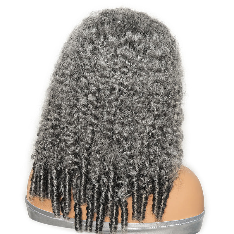 Salt & Pepper Burmese Curly 3 In 1 Flip Over Half Wig Wear And Go Glueless Human Hair Wig With Drawstring H