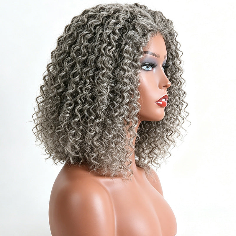 Standard Salt & Pepper Deep Curly Bob Wig 5x5 Glueless Gray Color Lace Closure Human Hair Wigs For Mature Women