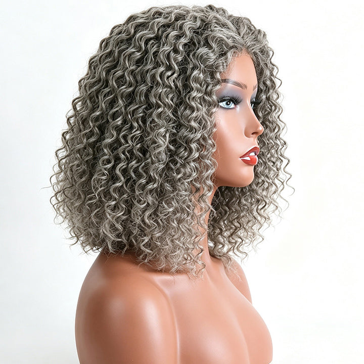 Standard Salt & Pepper Deep Curly Bob Wig 5x5 Glueless Gray Color Lace Closure Human Hair Wigs For Mature Women