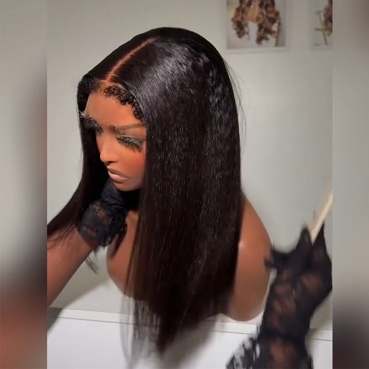 4C Edges Hairline Kinky Straight Human Hair Bob Wig 5x5 Pull To Go Lace Closure Yaki Bob Wig With Adjustable Drawstring