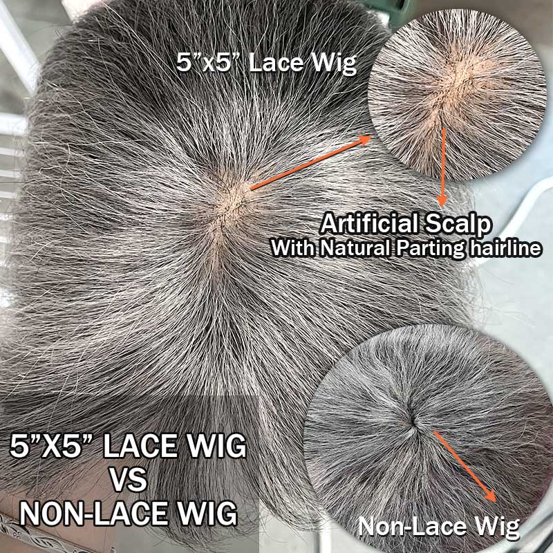 Salt & Pepper Straight Human Hair Bob Wig With Bangs 5x5 Glueless Lace Closure Wig For Black Women