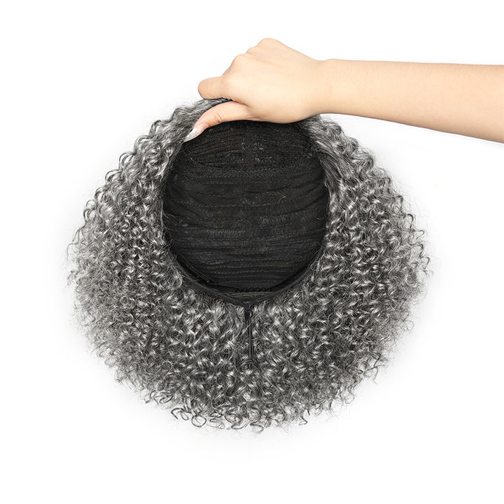 Salt & Pepper Jerry Curly 3 In 1 Flip Over Half Wig Natural Grey Wear And Go Glueless 100% Human Hair Wig With Drawstring