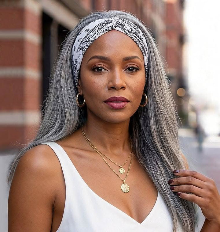 Standard Salt & Pepper Straight Headband Human Hair Wig Silver Gray Glueless Wigs For Women